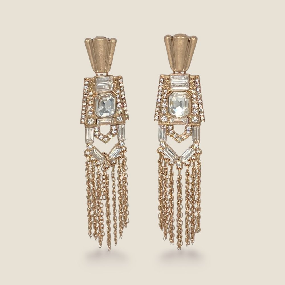 NEW Badgley Mischka Gold Chain Tassel Fringe Chandelier Statement Earrings